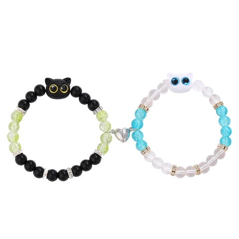 Süße Katze Magnetische Herz Perlen Armband Naturstein Harz Legierung Schmuck Für Paare Und Beste Freunde