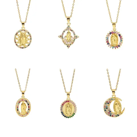 Collar con Colgante de la Virgen María Vintage Francés de Acero Inoxidable con Circonia Incrustada Chapado en Oro