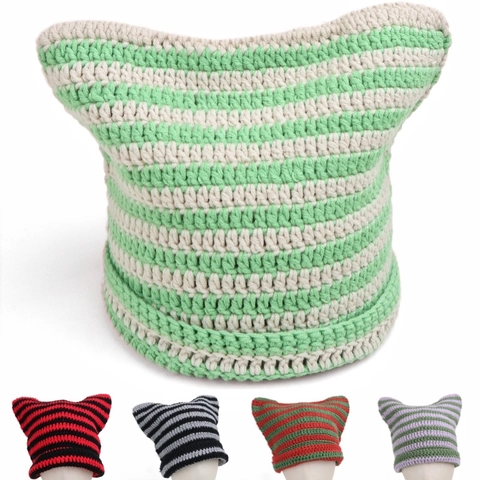 Cute Cat Ear Striped Knitted Beanie Hat For Women Winter Warm Acrylic Crochet Devil Horn Pointed Cap Y2K Style
