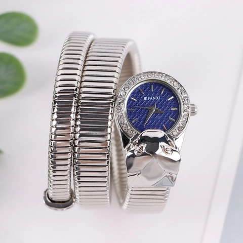 Women Snake Shape Wrap Around Bracelet Watch Luxury Stainless Steel Strap Rhinestone Analog Quartz Fashion Jewelry Wristwatch