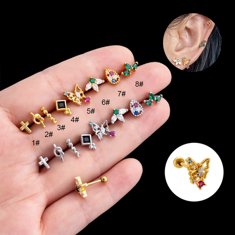 Boucles D'oreilles Puces Acier Inoxydable Zircon Coloré Papillon Croix Fermoir À Vis Boule Mode Piercing Femmes