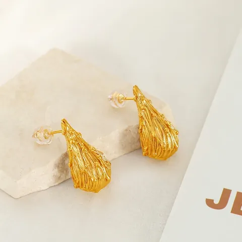 Gold Vergoldete Edelstahl Wassertropfen Ohrstecker Irreguläre Falten Lava Textur Hohle Mode Schmuck Für Damen