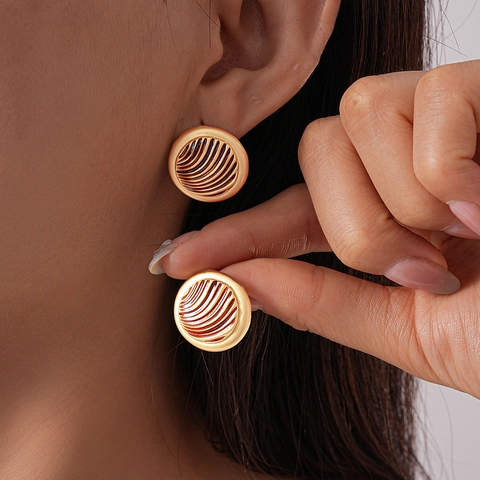 Vintage Round Stud Earrings Geometric Wavy Texture Copper Enamel With 925 Sterling Silver Earring Post For Women
