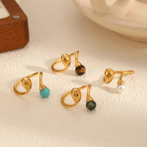 Bague Ouverte En Acier Inoxydable Pierre Naturelle Oeil De Tigre Turquoise Künstliche Perle Style Ins Bijoux Élégants Pour Femmes
