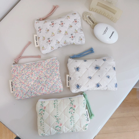 Floral Quilted Cotton Coin Purse Mini Zipper Pouch Lipstick Earphone Organizer Case Portable French Sweet Style