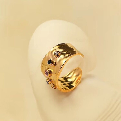 Hammered Texture Wide Band Open Ring Stainless Steel Multi Color Zircon Gold Plated Retro Jewelry For Women