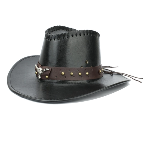 Retro Western Cowboy Hat Faux Leather Wide Brim Bull Head Skull Metal Ornament Rivets Men Women Outdoor Sun Protection