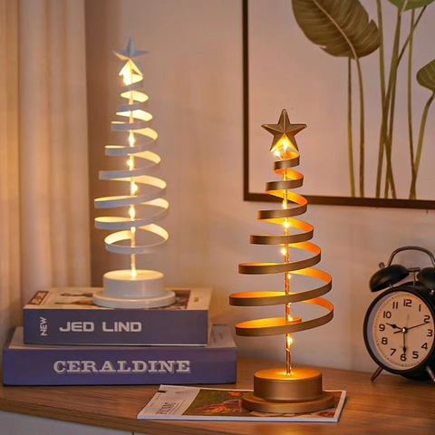 Christmas Tree LED Table Lamp Metal Iron Spiral Nightlight Star Top Holiday Home Decor Atmosphere Battery Powered