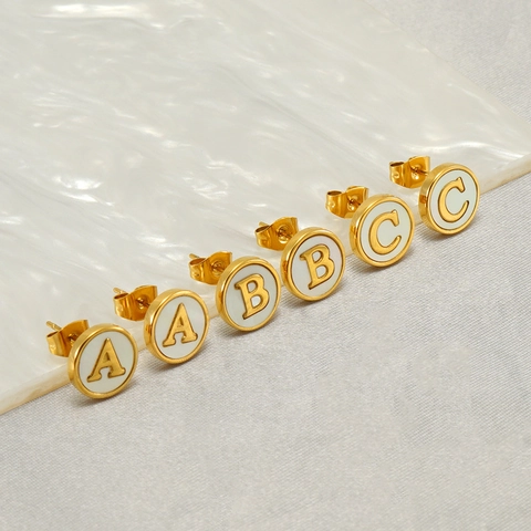 Round Initial Letter Stud Earrings 18K Gold Plated 304 Stainless Steel With Natural Shell Minimalist Fashion For Women