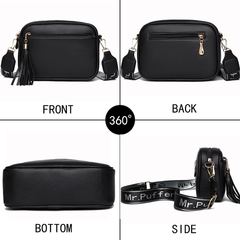 Women Crossbody Bag PU Leather Litchi Pattern Tassel Camera Bag With Multi Zipper Wide Jacquard Strap Casual