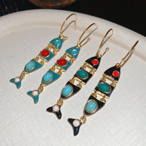Vintage Fisch Ohrhänger Ethno Boho Stil Bunte Emaille Schmuck Mit 925 Sterling Silber Ohrring Stecker