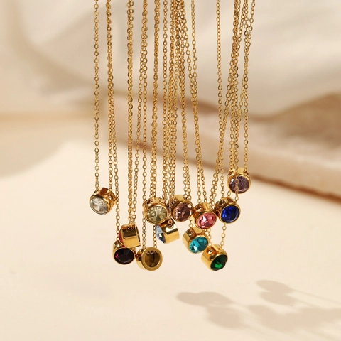 Collier Pendentif Rond Acier Inoxydable Minimaliste Zircone Pierre De Naissance Bijoux Pour Femme Cadeau