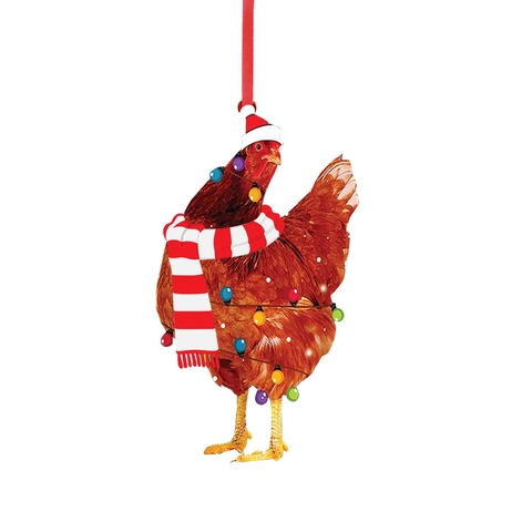 Pendentif Coq de Noël Plat en Acrylique Créatif Ornement Suspendu pour Sapin de Noël Poulet de Dessin Animé avec Bonnet de Père Noël Écharpe