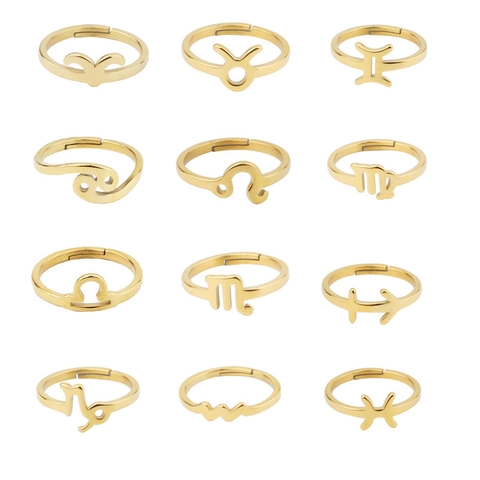 Zodiac Sign Ring 18K Gold Plated 304 Stainless Steel Minimalist Adjustable Open Band Twelve Constellations For Women Men