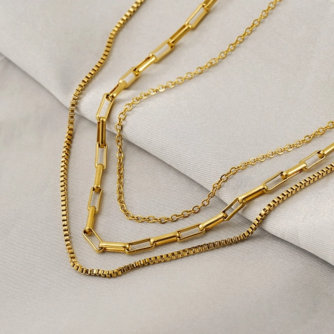 Collana A Strati Da Donna Acciaio Inossidabile Placcato Oro 18K Catena Box Graffetta Gioiello Minimalista