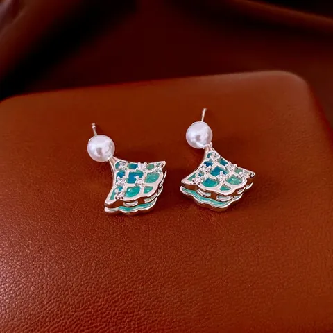 Pendientes De Hoja De Ginkgo En Forma De Abanico Con Poste De Plata 925 Circón Perla Artificial Esmalte Degradado Para Mujer