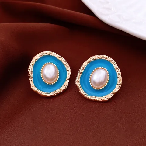 Pendientes De Botón Vintage Esmalte Perla Artificial De Imitación Con Poste De Plata Ovalado Irregular Aleación Retro Estilo Francés Mujeres