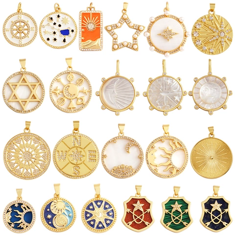 Celestial Sun Moon Star Compass Shield Pendants For DIY Jewelry Making Gold Plated Brass Zircon Shell Enamel Charms