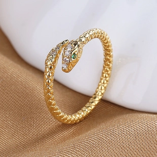 Schlangenform Verstellbarer Ring Mikro Eingelegt Grüne Augen Weißer Zirkon Kupfer Schmuck Eleganter Retro Tierstil Damen