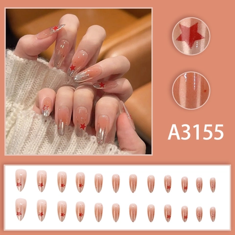 Press On Nails Amande Motif Étoile Rouge Paillettes Argentées Dégradé Rose Style Sweet Cool Femmes