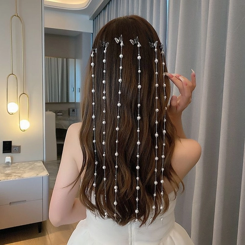 Artificial Pearl Hair Braiding Chain Long Tassel Butterfly Hair Clip Elegant Crystal Star Headpiece Hair Accessories For Women
