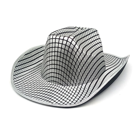 Western Cowboy Hat Disco Sequin Grid Pattern Metallic Glitter Carnival Party Costume Wide Brim Polyester For Women Men