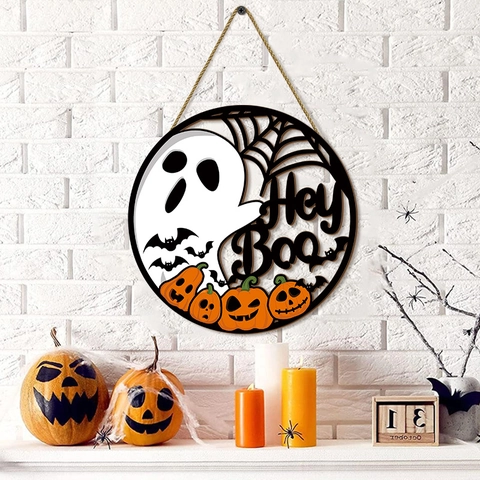 Halloween Στρογγυλή Ξύλινη Επιγραφή Πόρτας Hey Boo Φάντασμα Ιστός Αράχνης Διακόσμηση Τοίχου Ρουστίκ