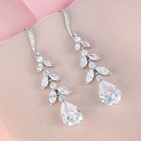 Eleganti Orecchini Pendenti Rame Zircone Goccia D'acqua Foglia Nappa Lunga Sposa Matrimonio Gioielli Per Donne Regalo
