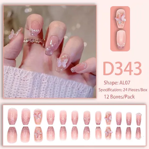 Uñas Postizas Press On Degradado Morado Mariposa 3D Perla Artificial Estrás Largas Ataúd Dulce Elegante Para Mujeres