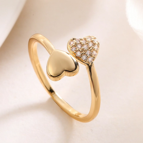Minimalist Kupfer 18K Vergoldet Zirkonia Herz Blatt Offen Verstellbarer Ring Mode Nischenluxus Schmuck Für Damen Geschenk