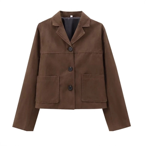 Blazer Corto In Scamosciato Da Donna Giacca Maniche Lunghe Bottoni Colletto Bavero Tasca Casual Streetwear Capispalla Chic