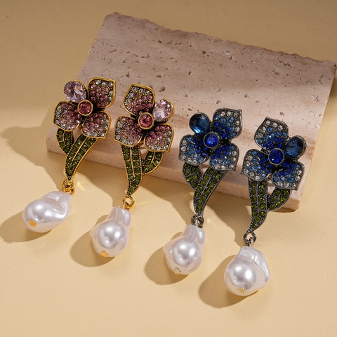Pendientes Colgantes De Flores Con Diamantes De Imitación Y Perla Barroca Artificial Poste De Plata Joyería Vintage Para Mujer