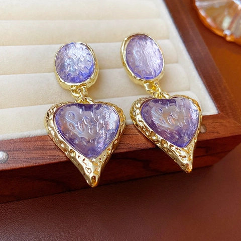 Vintage Heart Dangle Earrings With 925 Sterling Silver Earring Post Textured Resin Copper Gold Plated Jewelry For Women