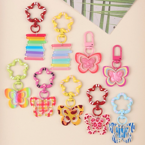 Butterfly Acrylic Keychain Rainbow Leopard Print Hollow Pendant Alloy Flower Clip Bag Charm For Women Girls Accessory