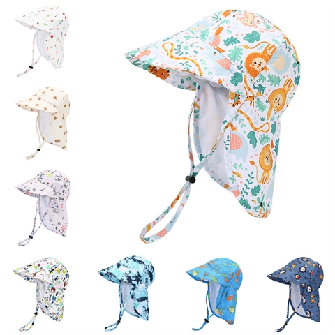 Baby Kids Sun Hat With Neck Flap Breathable Mesh Polyester Cartoon Animal Printed Bucket Hat For Summer Outdoor Beach