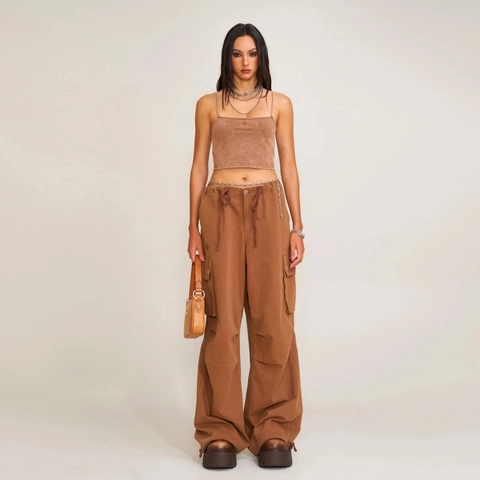 Pantalones Cargo De Algodón Para Mujer Pierna Ancha Cintura Con Cordón Bolsillos Múltiples Plisado Retro Streetwear