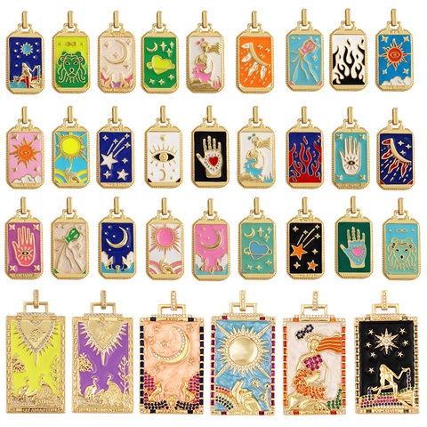 Tarot Card Pendants Gold Plated Alloy Colorful Enamel Zircon Inlay Rectangle Mystery Charms For Jewelry Making DIY