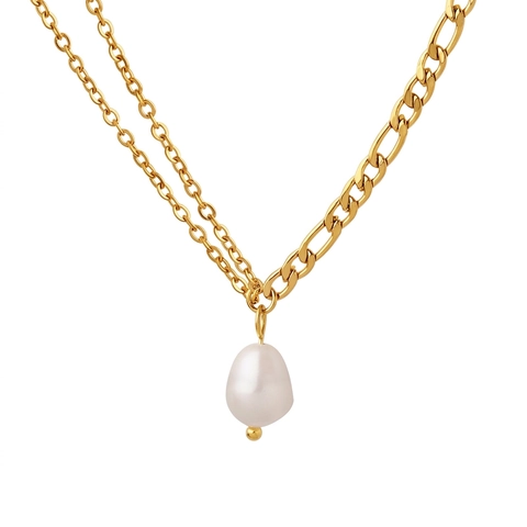 Collana Con Pendente Di Perla Barocca D'acqua Dolce Acciaio Al Titanio Placcato Oro 18K Doppio Strato Catena Figaro