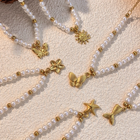 Edelstahl Künstliche Perle Anhänger Halskette Für Damen Vintage Muschel Schmetterling Sonne Seestern Schmuck
