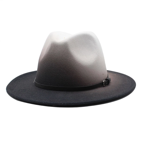 Fedora Hat Woolen Felt Gradient Color Wide Brim Vintage Jazz Cap With Leather Band Metal Buckle For Men Women