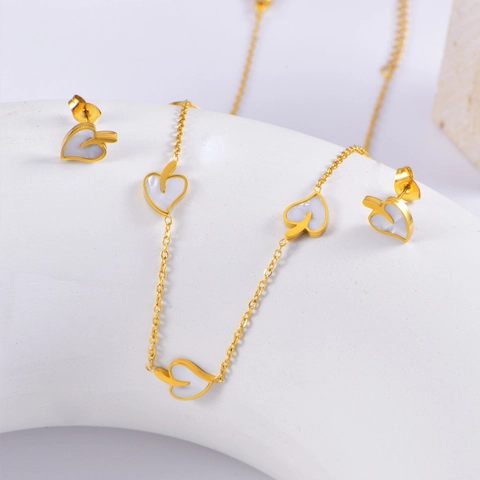 Set di Gioielli Minimalista in Acciaio Inossidabile Cuore Bianco Foglia Perla Artificiale Collana Bracciale Orecchini per Donna