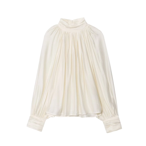 Satin Pleated Blouse Stand Collar Long Lantern Sleeve Solid Color Elegant Top For Women