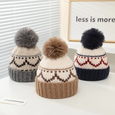 Berretto In Maglia Per Bambini Caldo Inverno Pompon Motivo Geometrico Jacquard Blocchi Di Colore Berretto Termico