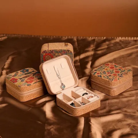 Vintage Cork Jewelry Box Portable Travel Storage Organizer Zipper Case For Rings Earrings Necklaces Mandala Floral Pattern