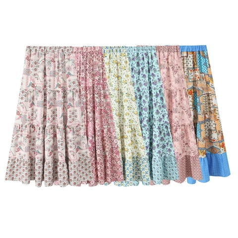 Bohemian Floral Print Tiered Maxi Skirt Elastic High Waist A-Line Casual Long Cake Skirts For Women