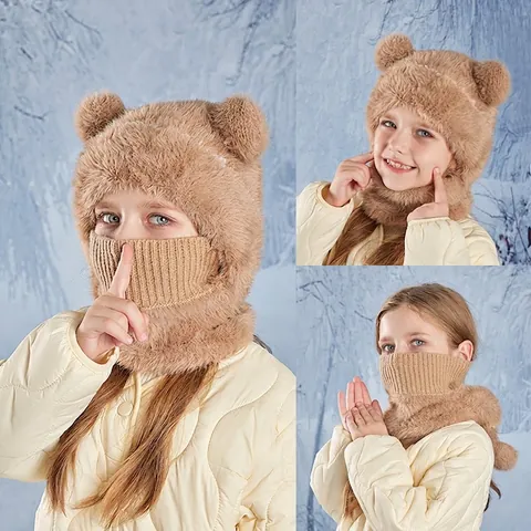 Niños Invierno Integrado Pasamontañas Sombrero Bufanda Máscara Felpa Piel Sintética Cálido Resistente Al Viento Espesado Protección Para Los Oídos Orejas De Oso Niño