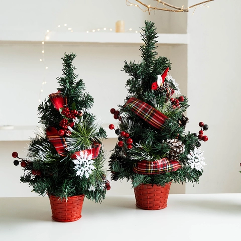 Mini Árbol De Navidad Decoración De Escritorio Y Corona Artificial Con Cintas De Cuadros Bayas Rojas Piñas Decoración Hogar