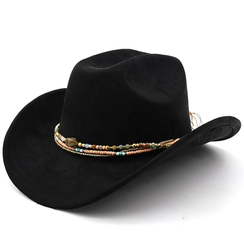Cappello Da Cowboy Occidentale Scamosciato Cinturino In Perline Etniche Tesa Larga Retro Esterno Viaggio Feltro Fedora