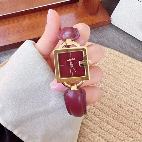 Mishali Women Fashion Square Quartz Watch Gold Steel Case Burgundy Red Dial Genuine Leather Strap Waterproof Luxury Wristwatch