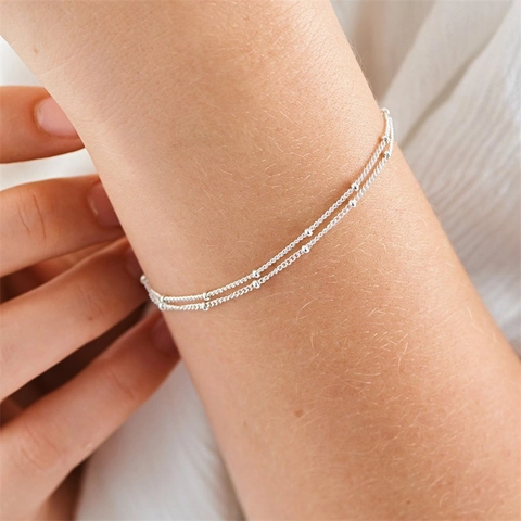 Women Minimalist Stainless Steel Layered Satellite Bead Chain Bracelet 14K Gold Plated Adjustable Jewelry For Daily Wear Gift